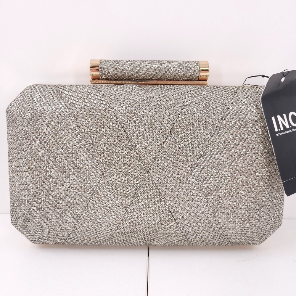 I.N.C Lindsayy XX Lurex Clutch Gold Small Handbag Chain Hard Lock Rectangle Bag